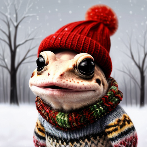 A laughable, puzzled animal toad in woolen, multicoloured winter clothings with woolen, funny winter cap. Hyperrealistic art style.