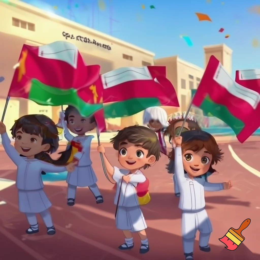 طلبة مدرسة صغار يحتفلون باليوم الوطني العماني يلوحون بالعلم في المدرسة
