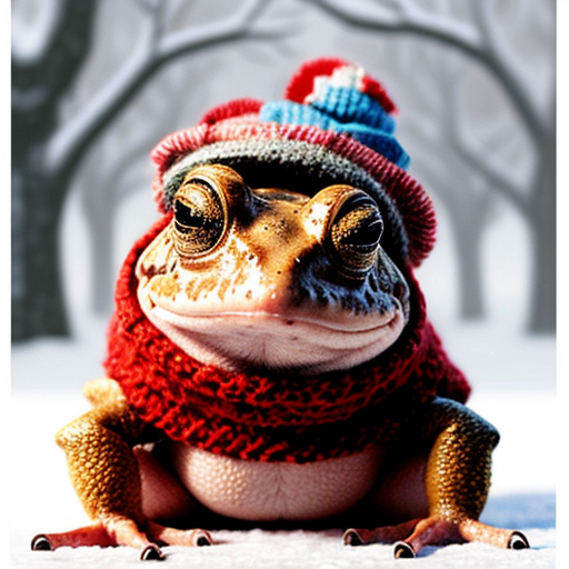 A laughable, puzzled animal toad in woolen, multicoloured winter clothings with woolen, funny winter cap. Hyperrealistic art style.