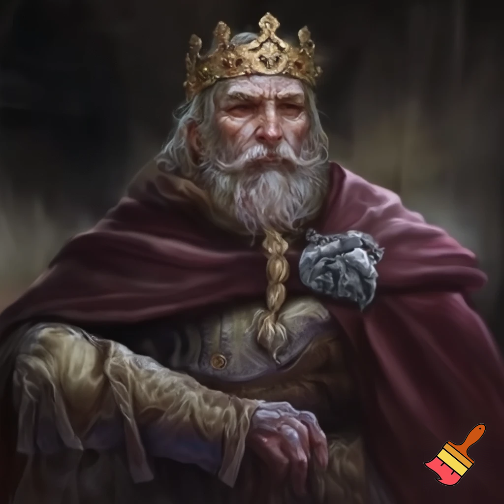 Сгенерируй изображение в стиле фентези, высокая детализация, атмосферно, мрачное освещение: немного пожилой мужчина со светлыми волосами и ухоженной бородой, заплетённой в небольшую косичку. Поверх рубахи с золотой обережной вышивкой на нём был длинный кафтан цвета хвойной чащи, отороченный тёмным мехом соболя. На правом плече массивная серебряная фибула в виде свирепого ворона держала тяжёлый бордовый плащ. На ногах его были высокие кожаные сапоги, украшенные затейливыми узорами. Голову незнакомца венчал золотой венец с инкрустированными в нём драгоценными камнями.