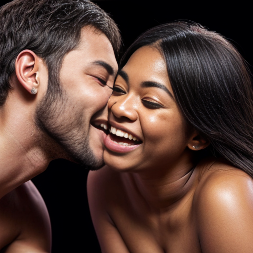 A curvy black ebony woman sitting naked on a male slaves face while kissing her Japanese half Latina curvy naked girlfriend while they both giggle as they kiss 
