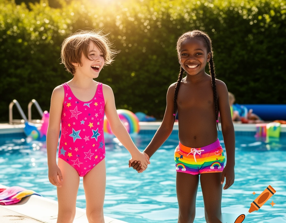 A wholesome scene suitable for children. A ten year old couple having fun on their first date. He is white and she is black. They are holding hands. She is wearing swimming trunks and he is wearing a one piece swim suit for girls. They are about to swim in the pool behind them.