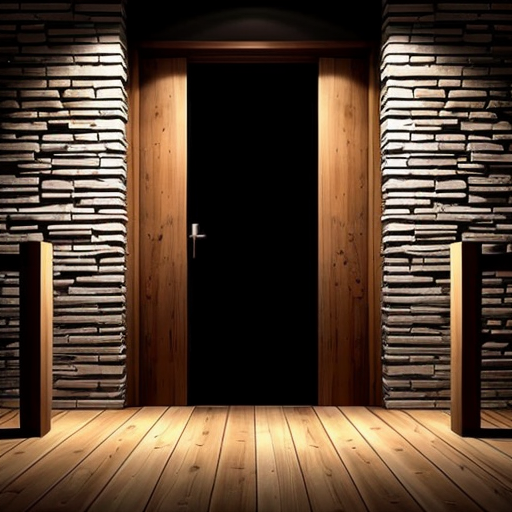 a wooden door with a star scratched onto it in a dark passage way with stone bricks. door made with wooden boards that are worn and dark