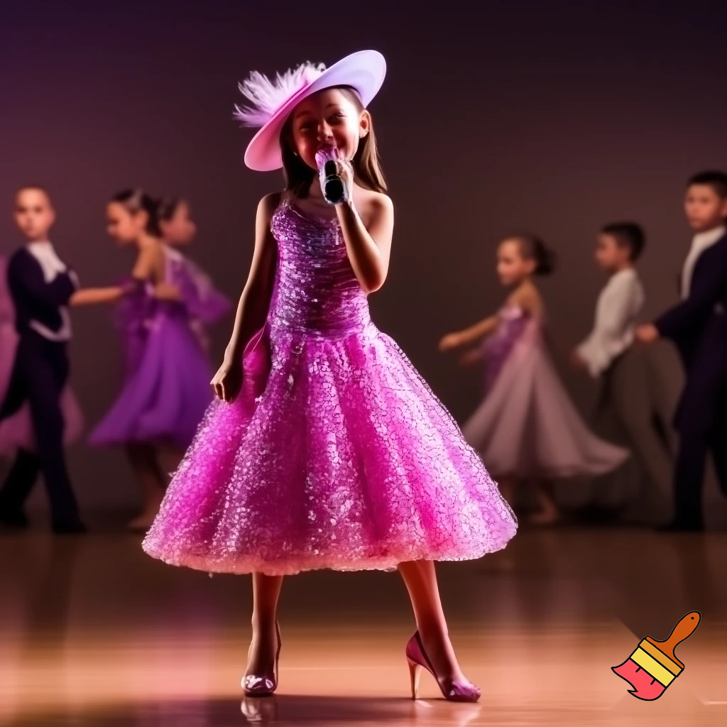 Preteen Girl in Sparkling Pink Ballroom Gown High Heels Sequined Shiny Wide-brimmed Hat with Plumes Singing in Microphone on a big Stage. Behind her Ballroom Dance Kid Couples Dancing, Boys in formal stylish Tailcoats, Girls in beautiful Ballroom Gowns