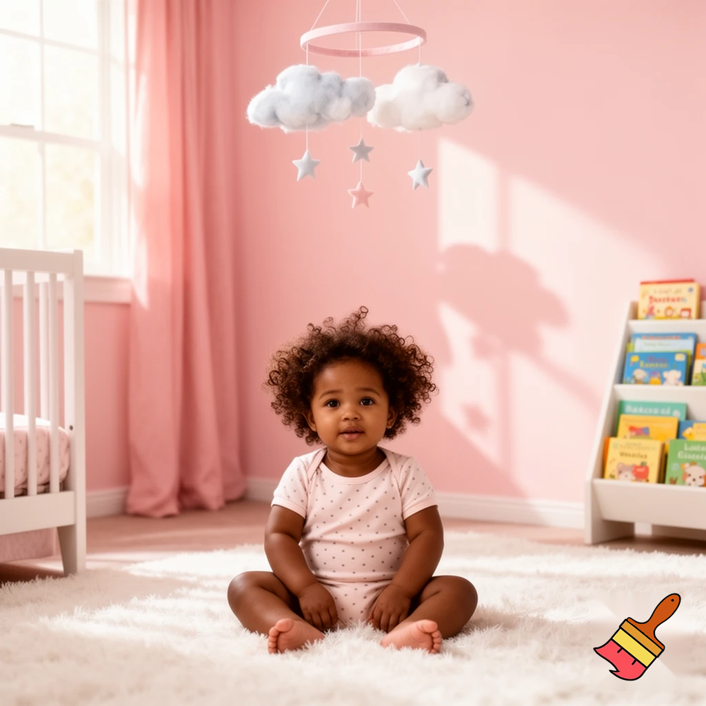 create a one year old black girl with dark brown curly hair in a pink baby room 