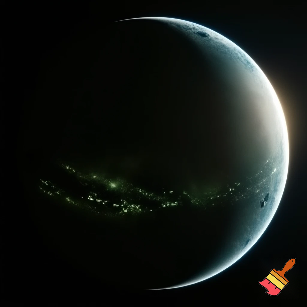 “Show Earth from space with focus on the terminator zone — the narrow band between the blazing day side and frozen night side. Highlight subtle movement of life toward this region: faint lights, human settlements, and greenish tones appearing only along the thin band. The rest of the planet looks hostile. Cinematic, realistic, symbolic of survival.”