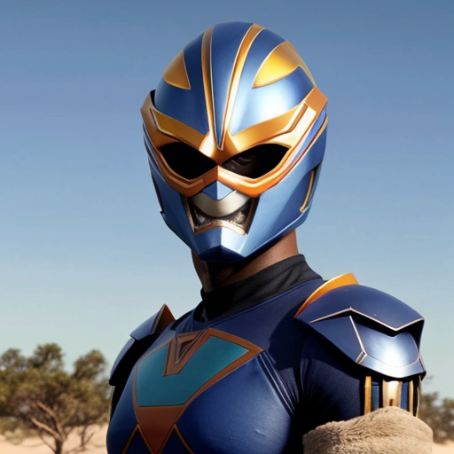 A midnight blue Mighty Morphin ranger with megalodon like features on the helmet and the spine in the full body like a picture of the full body