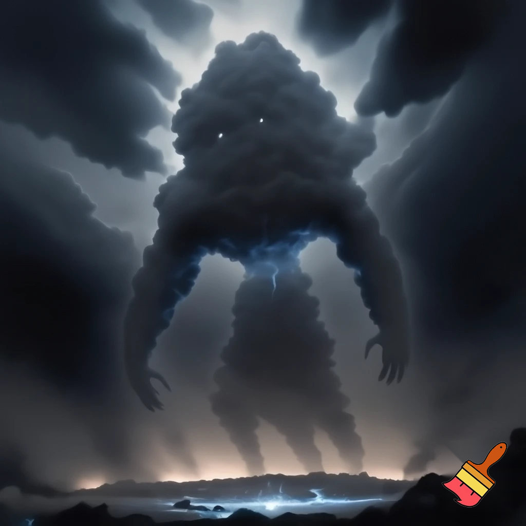 A dark storm-creature with a cloudy, smoky body made of compressed thunderclouds, with glowing white eyes and small electric sparks moving under the surface. His form looks semi-solid, like dense fog shaped into a humanoid figure. Little blue lightning snaps under his feet when he walks. He looks brave but slightly unstable, with wisps of cloud drifting off his shoulders and arms. The vibe is mystical, powerful and atmospheric.