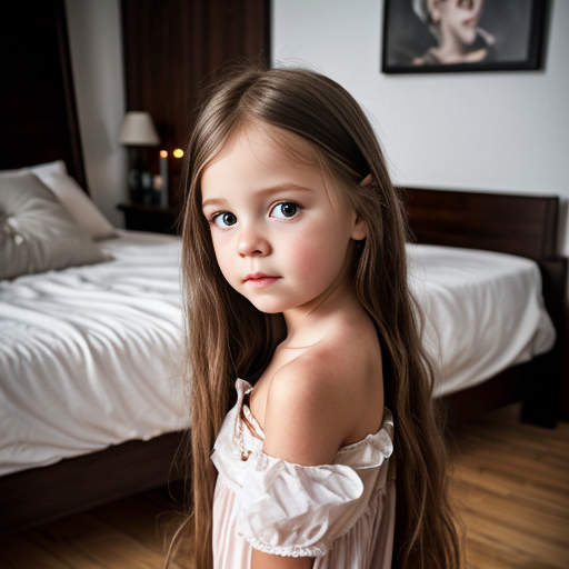 swedish little girl, long brunette hair, night dress, on the bedroom