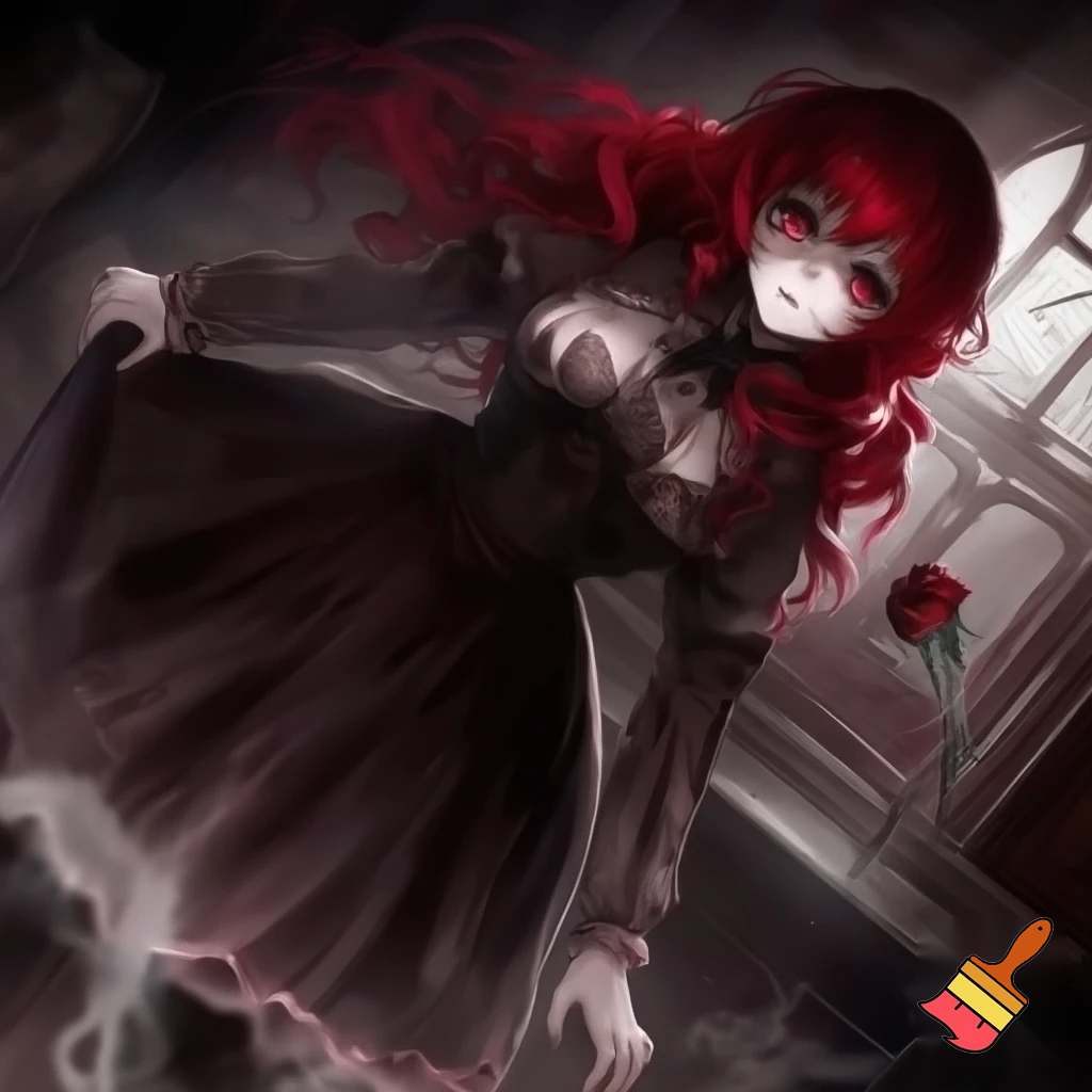 Creepy anime girl with red hair