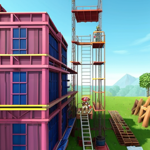 a pink construction site with a bunch of tilted pink layers with blue ladders going to each one and at the top there's donkey kong and at the middle a mario with red overalls and and a blue shirt and there's barrels on the tilted pink layers