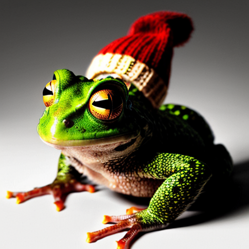 A laughable, puzzled animal toad in woolen, multicoloured winter clothings and with woolen winter cap. Hyperrealistic style.