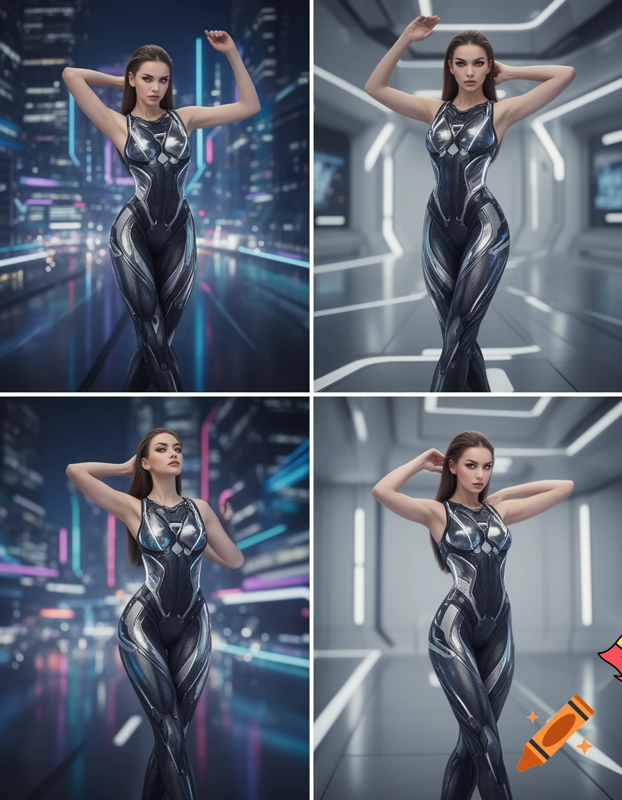 Draw several versions of a girl from the future, hyper-feminine in full height, with pronounced curves, showing the skin of the armpit area, arms up, hyper-detailed hip and thigh area, cinematic, different angles from the knees.