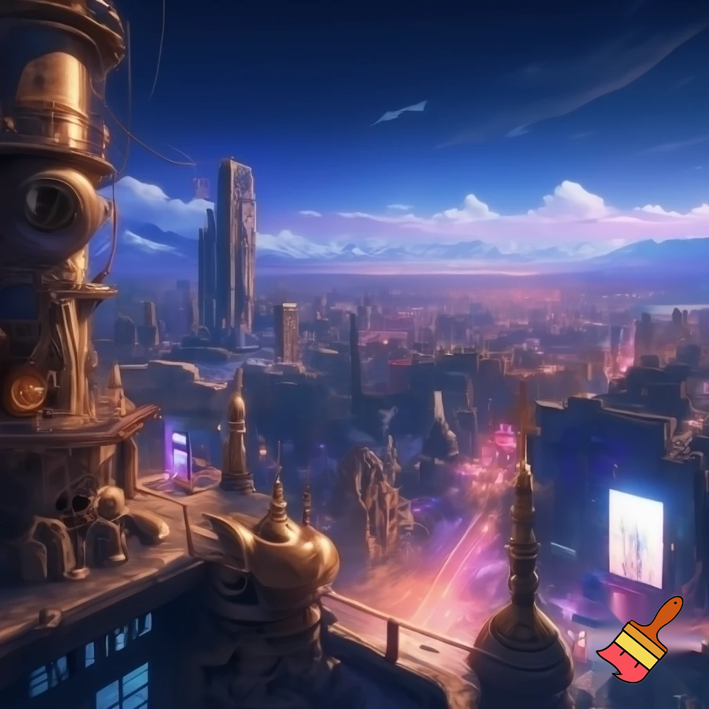 create a landscape background 



Style: anime teaser, a mix of cyberpunk, steampunk and ethno motifs (PUNKVERSE)



Palette: deep cool neon blues/purples + warm brass-copper range for steampunk elements + white-snow accents in the background.



Description: Almaty at night, view from the roof (transition from Scene 7), but now without characters. An empty landscape.



Action: Focus on the city.



Visual: A scene on the roof / generalized observation deck of the city.
