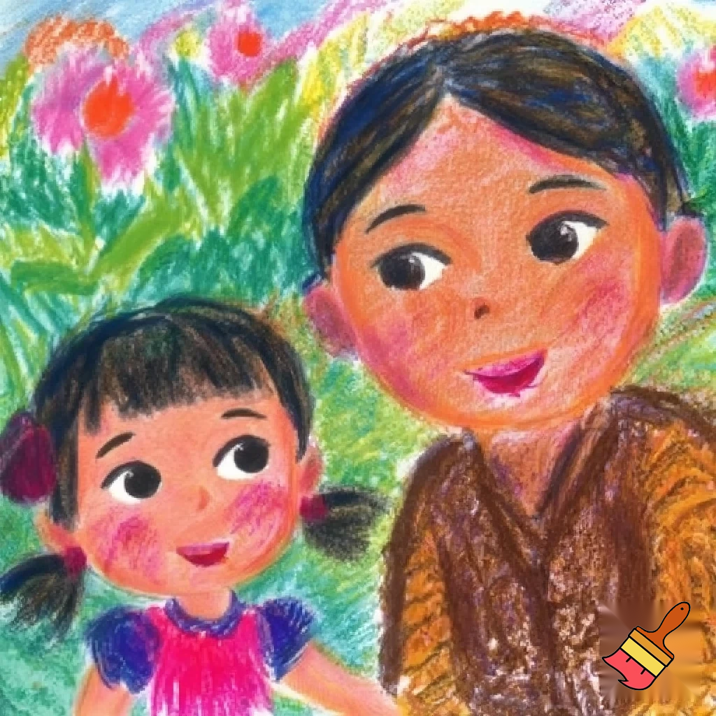 create a colorful crayon drawing of a girl and her malay maid