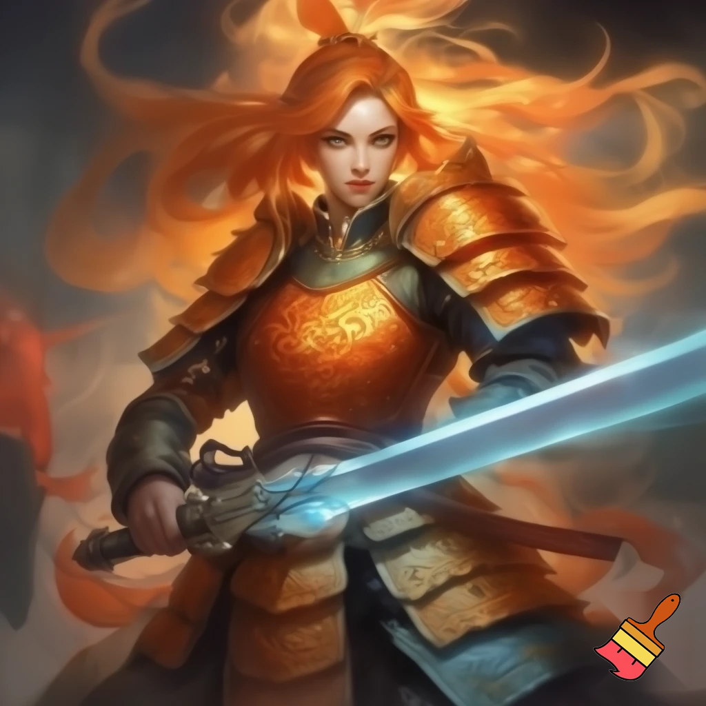 Golden orange chinese crusader princess. Chinese style armor. Orange flowing hair. Dynamic stance. Glowing blue sword. High quality. In the style of dungeons and dragons.