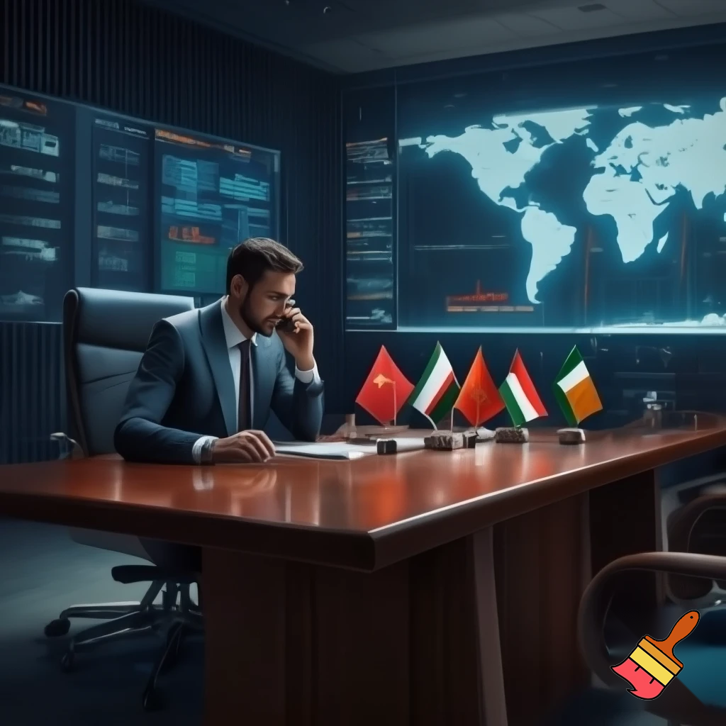In a business room, a businessman in a suit is sitting at a table and talking on the phone. On the table are flags of Iraq, Afghanistan, China, India, Turkey, Tajikistan, Pakistan. On the wall of the room are boards with sales charts. On the wall is a large board with a world map.