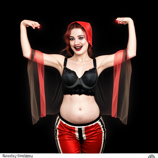 90's disney's 2d aladdin style comic black background and panels of panel 1 Harley Quinn with light black and red striped harem pants and bra and black and red curved slippers with both hand palms place together and hiding the bottom of her mouth with a light black and red striped veil wrapped around her arms and shoulders. 
panel 2 she danced with light black and red striped harem pants with light black and red striped bra and red and black curved slippers and with light black and red striped veil wrapped around her arms and shoulders and raising legs and bounced up and down her belly and shook her hips left and right. 
panel 3 as Harley Quinn with light black and red striped harem pants and bra and red and black curved slippers and with red and light black striped veil wrapped around her shoulders and arms and spreading her arms, happily revealing her face to the viewer and giving a smile as she shook her belly left and right. 
Panel 4 Harley Quinn with light black and red striped harem pants and bra and black and red curved slippers and with light black and red striped veil wrapped around her shoulders and arms has started to fading away , except her belly, which is bouncing around and growing. 
Panel 5 then the ball transforms into the fading in belly of red haired giganta barefoot with dark yellow spotted yellow harem pants and bra and dark yellow spotted yellow veil wrapped around her arms and shoulders with her swaying her hips. 
Panel 6 red haired giganta barefoot with dark yellow spotted yellow harem pants and bra and dark yellow veil wrapped around her arms and shoulders flexing her arms