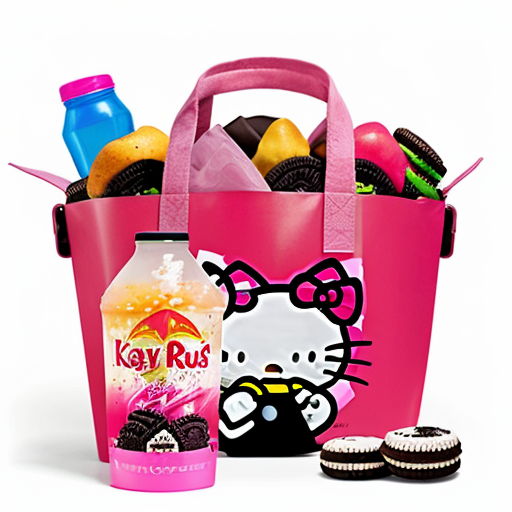 cree moi une image, un fond blanc avec une pere de asics gel kayano rose, une boisson oasis, un sac de macdo, un doudou hello kitty (que la tête), trois oreo, red bul vert
