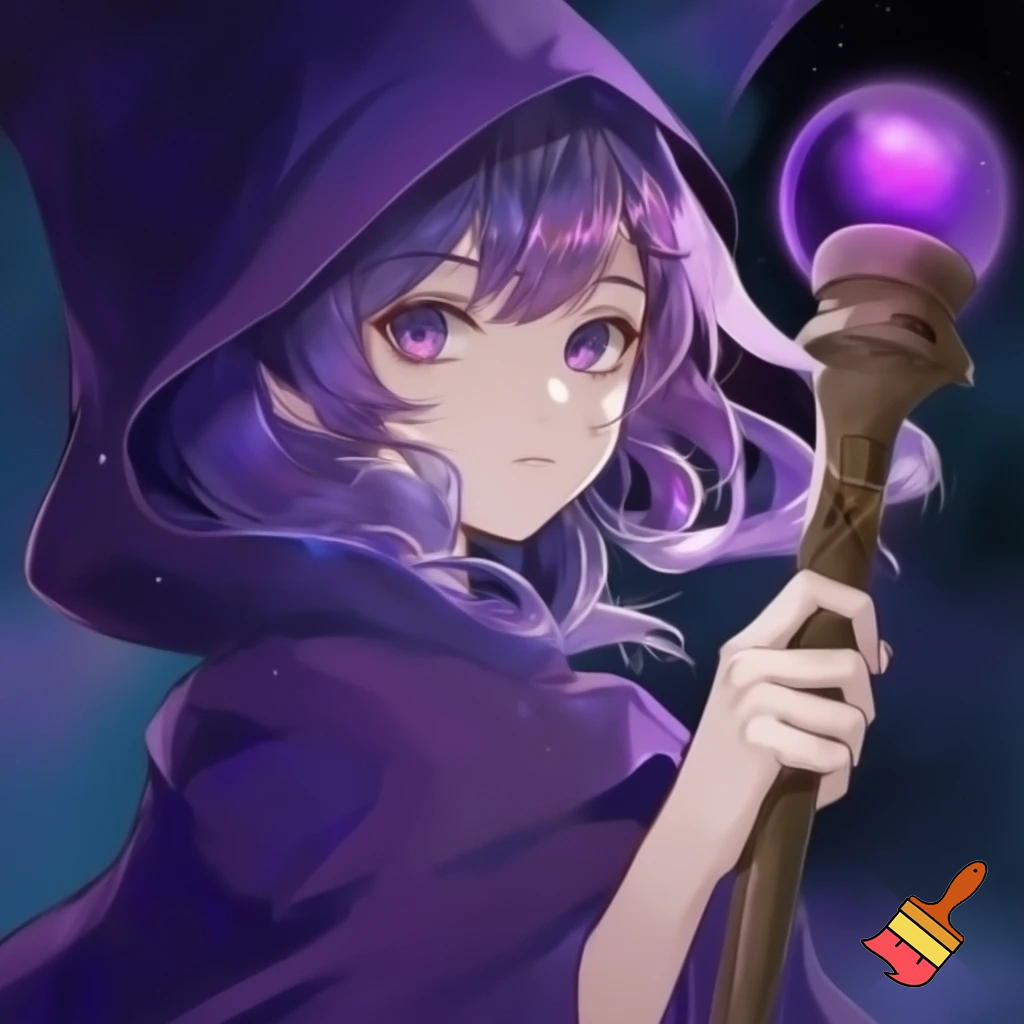 Anime style. Pale woman with medium length, wavy galaxy hair. Pale. Medium dark purple eyes. Wearing a wizard’s cloak. Holding a wooden staff with a dark purple orb at the top. 