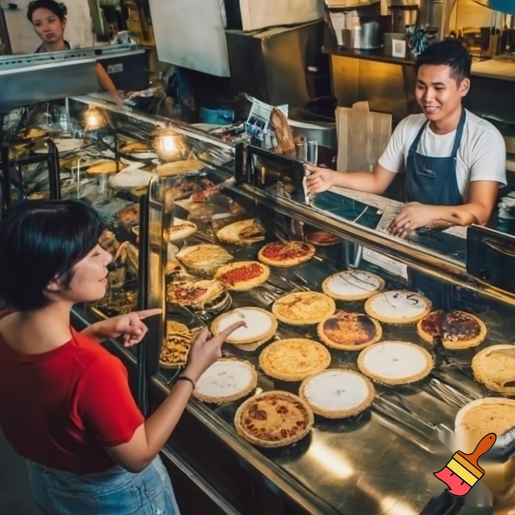 Understand what customers feel when they enter (hungry, rushed, excited).


Observe how they interact with the shop (waiting, choosing flavors, finding seats).


Listen to their comments about taste, service, prices, and menu options.


Identify emotional needs (comfort, freshness, speed, friendliness).


Recognize pain points (long waits, sold-out pies, limited options).



can you create an image based on above point into 
pie shop 