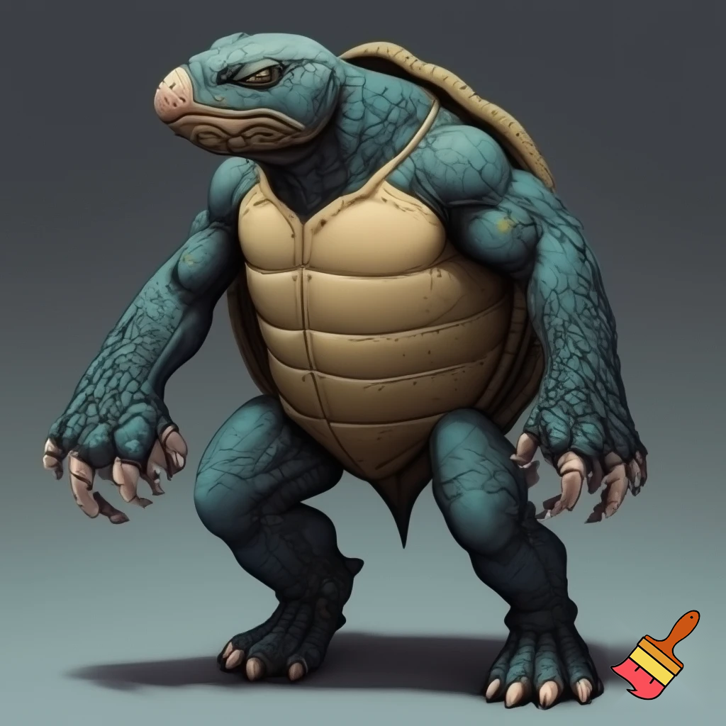 A tall humanoid leatherback turtle with webbed fingers 
