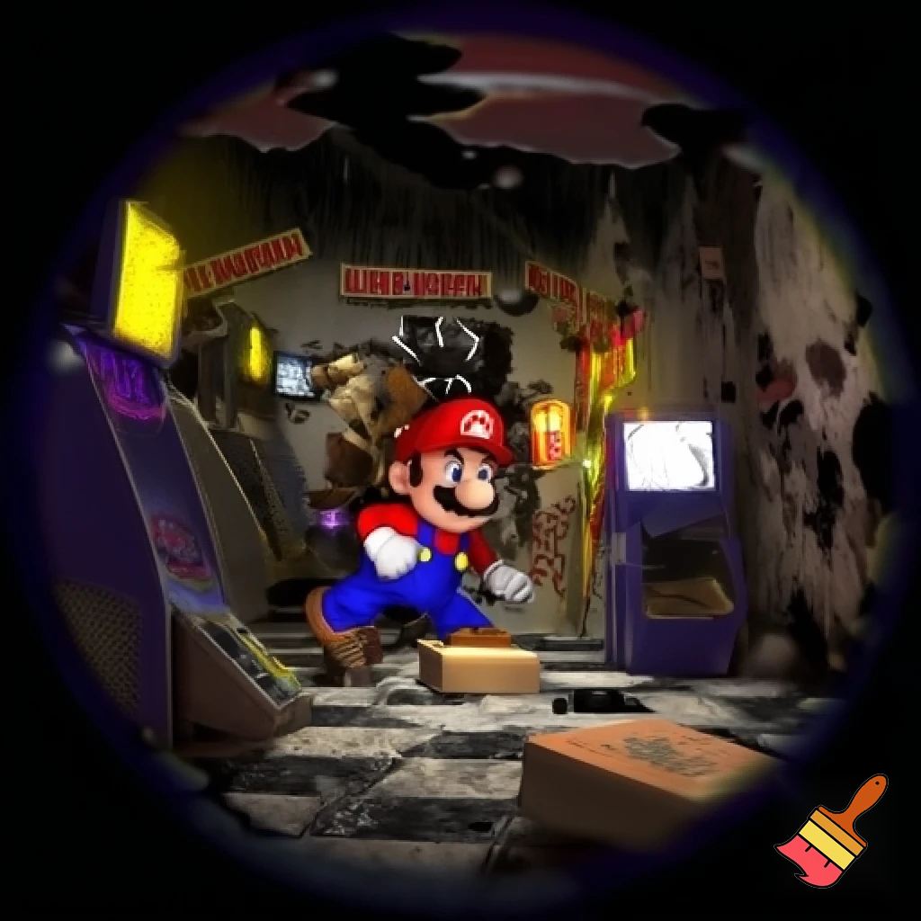 Mario playing five nights at Freddy's pizzeria simulator