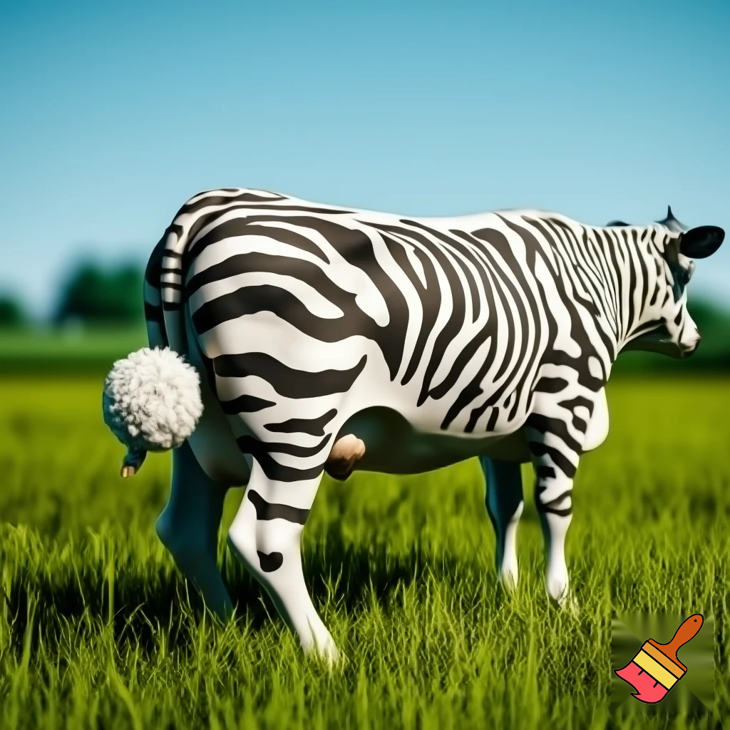cow with zebra stripes and sheep tail