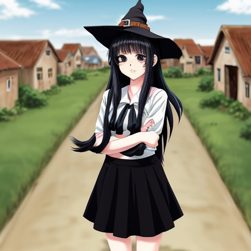 An anime witch girl with black hair, cute face, black eye. She have been abused until she only have broken skirt left. She is naked. She is 16 year old and height is 1,5m. She is tried to cover her skirt. The background is village with a lot of peopla