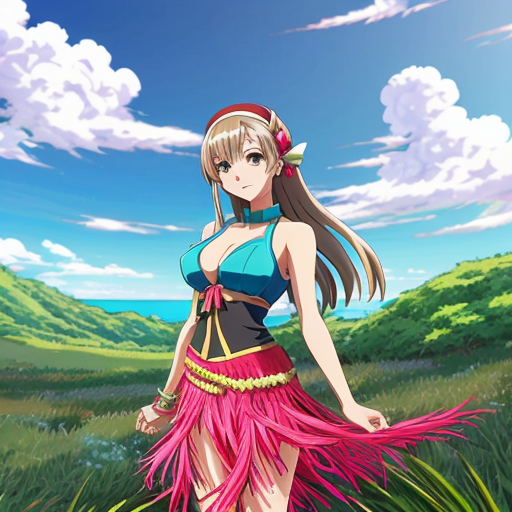 Lana from Pokemon Sun and Moon outfit otea tahiti  in  grass skirt  bleu and tassel   bleu sky 