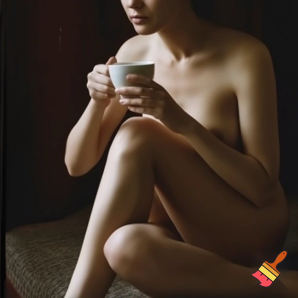 Naked person drinking tea