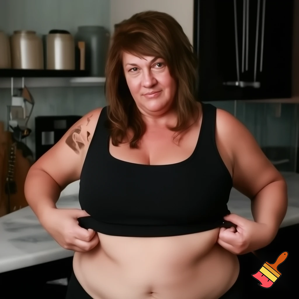 40-year-old woman with large breasts naked in the kitchen