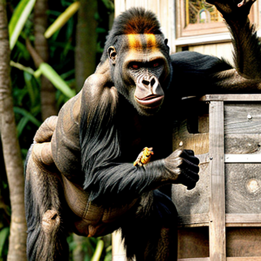 Mutant gorilla    

This animal is an animal with gorilla black head and legs, neck like giraffe and body like dinosaur. This creature lives on the island of the bees in the south Africa. That means he has bee’s wings too... It can eat lizards, spiders, snakes and obviously insect. It already lives like more than 2000 years before our era, and it is not in the museum because it's very dangerous. 

 