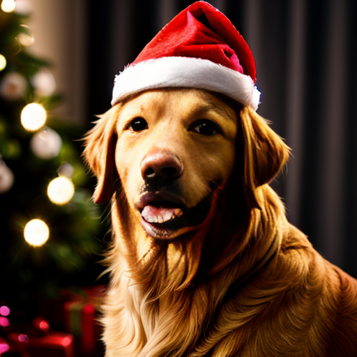 een golden retriever bij de kerstboom met een kerstmuts op