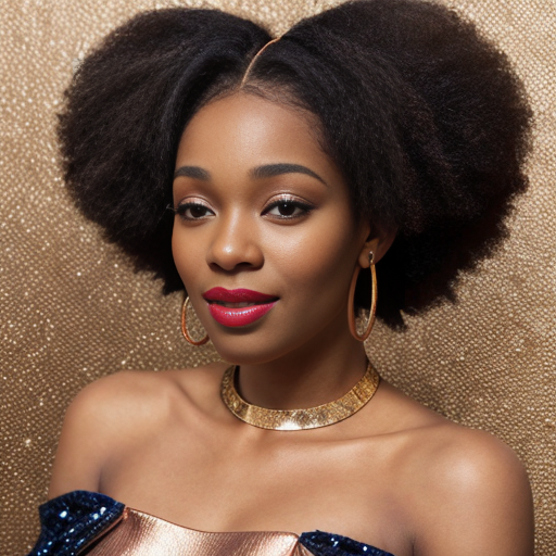 Generate an art-portrait of a young African American woman, resembling Whitney Houston, with a spiral afro hairstyle. She wears a copper-orange satin off-the-shoulder top, red lipstick, and sapphire earrings. The image has a background with gold fragments that look like gold leaf.