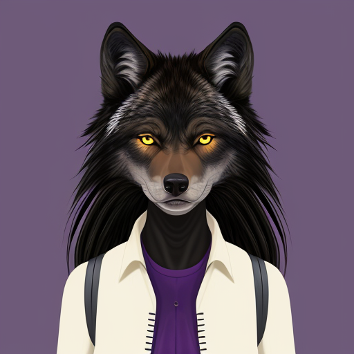 Anthropomorphic female black wolf with long pretty hair and purple eyes 