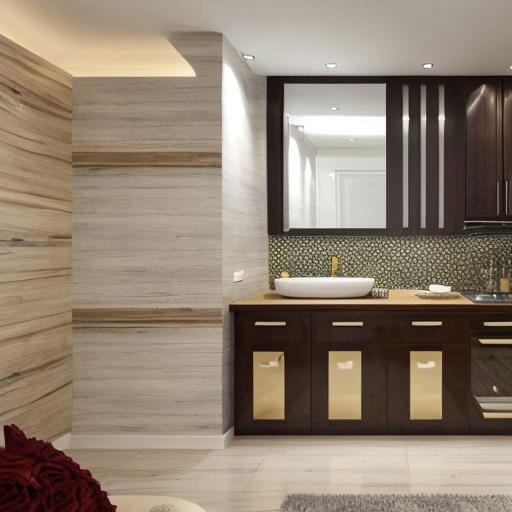 generate an interior picture of a room , not kitchen, with a 2.5-meter-long and 2.7-meter-high wall on the left, with 5 4-centimeter-wide pecan-colored boards on the left and right edges of the wall, and black wallpaper with gold-colored thin stripes in between. There is also a 60-centimeter-wide and 2-meter-high decorative panel with a floral pattern, and a 60-centimeter-wide and 2-meter-high mirror. the second wall begins with 50 cm of 4 cm wide pecked walnut-colored slats, followed by a 1.80 m long and 1.3 m high counter with a glass in the middle that is illuminated from the inside with yellow light, then 90 cm of slats that are pecked at regular intervals, and the wall ends with a door that matches the color of the counter. The third wall is covered with decorative plaster. Design this room in a modern and stylish manner.