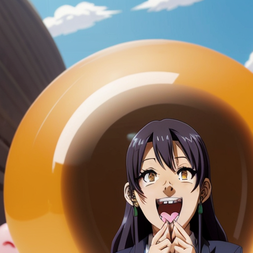 Actress Nia Long a long hair as a spherical shape inflated like a balloon a gigantic rounded chocolate ball body overinflated Her body is exaggeratedly rounded, forming a sphere, with no visible definition of limbs. she was being eaten and ripped by the giant human mouth of the mouth background giant white human face male mouth her body inside the giant mouth being eaten, biting and ripped and devoured by a giant human mouth background . The style is surreal and comedic, with a digital or graphic manipulation aesthetic. The lighting is even and diffused, casting no strong shadows. The image is presented from a slightly high-angle perspective, emphasizing the exaggerated spherical form