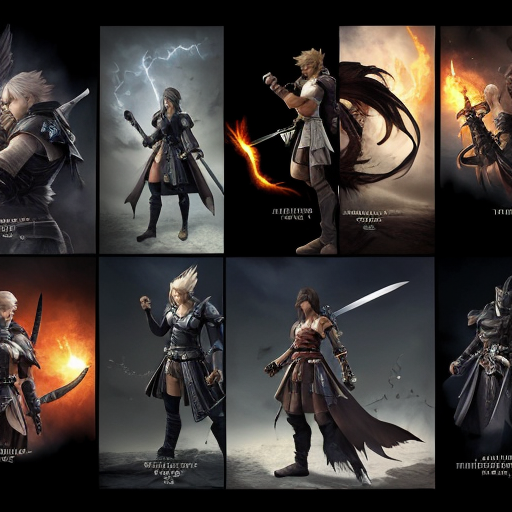 A 16:9, Landscape format, 4k resolution Final Fantasy wallpaper for a Magic playmat, featuring a collage of the Warrior of light using the final Fantasy 14 Job Change to use the Signature weapons of final Fantasy Main Charakters Like squalls gunblade, lightnings blazefire sabre, sephiroths katana and some more