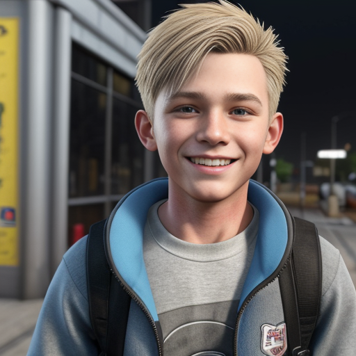 16 years old boy with blond hair, blue eys but a very small figure, he is not taller than a 4 years old boy. He is wearing a grey fleece jacket  with open zip and a blue tshirt, short jeans and a blue school backpack looking real. He is smiling and on the way home from school
