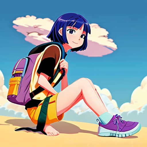 Little Dora purple backpack pink t-shirt orange short pants yellow socks white sneakers on a sitting cloud in the sky from Dora the Explorer. migration