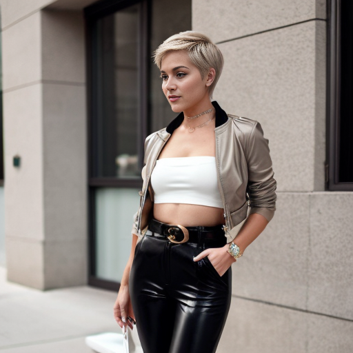 Attractive woman with an ash blonde pixie cut and a slim build wearing bold makeup, minimal jewelry, a cropped jacket, a bandeau top, cigarette pants with a belt, and peep toe chunky heels 