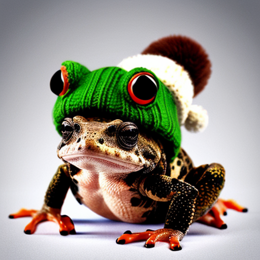 A laughable, puzzled animal toad in woolen, multicoloured winter clothings with woolen winter cap. Hyperrealistic art style.