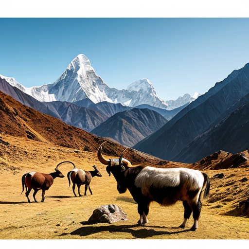 “A realistic painting of the Nepal Himalayas, featuring a yak and chyangba in traditional style, vivid colors, sunlight highlighting the mountains, ultra-detailed, 100% hand-painted look, professional digital painting style