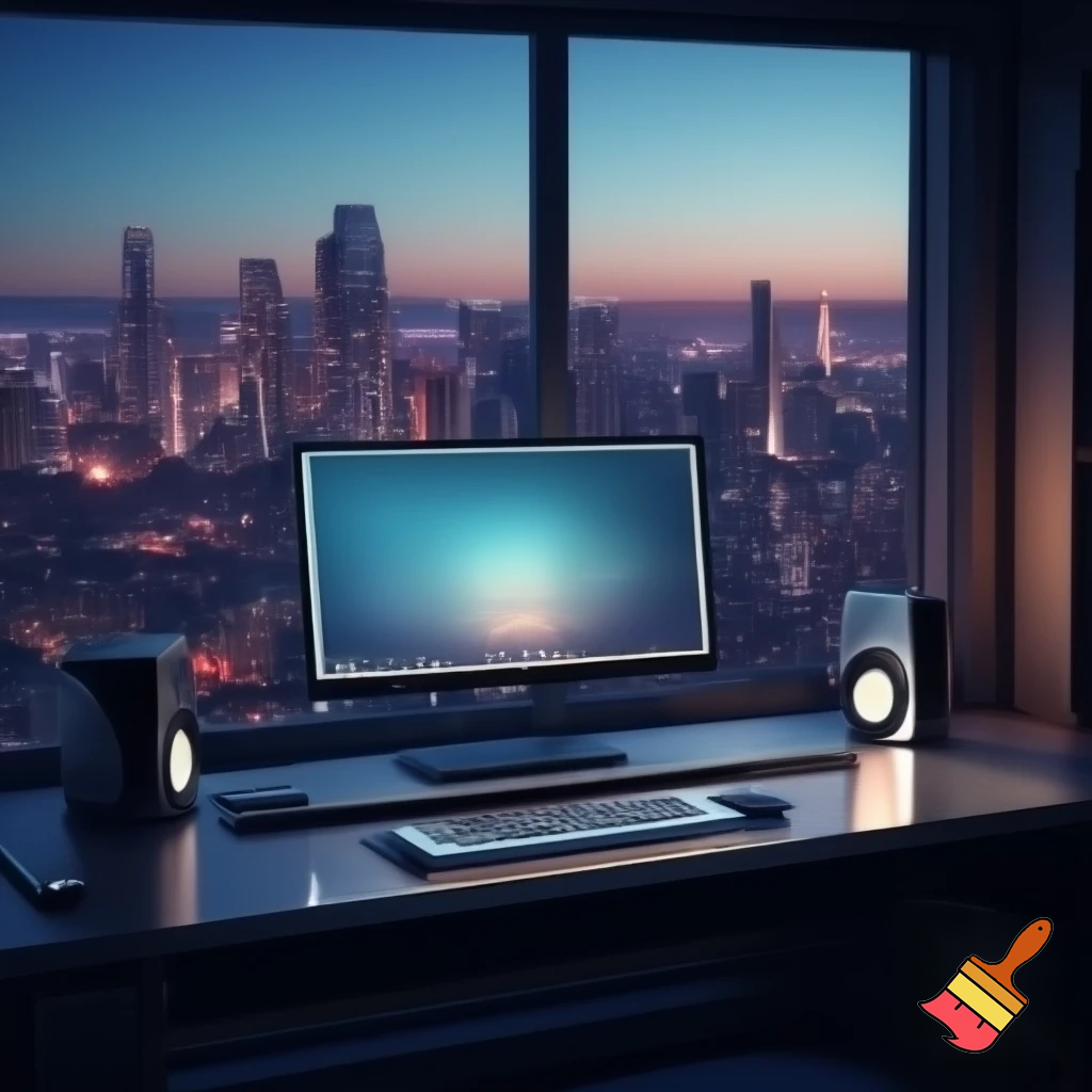 Computer with speakers in front of a city view window 