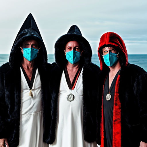 3 witch doctors with long furry black jackets and white face mask with hallow black  eyes and two men dressed with pense with messy hair next to the sea 