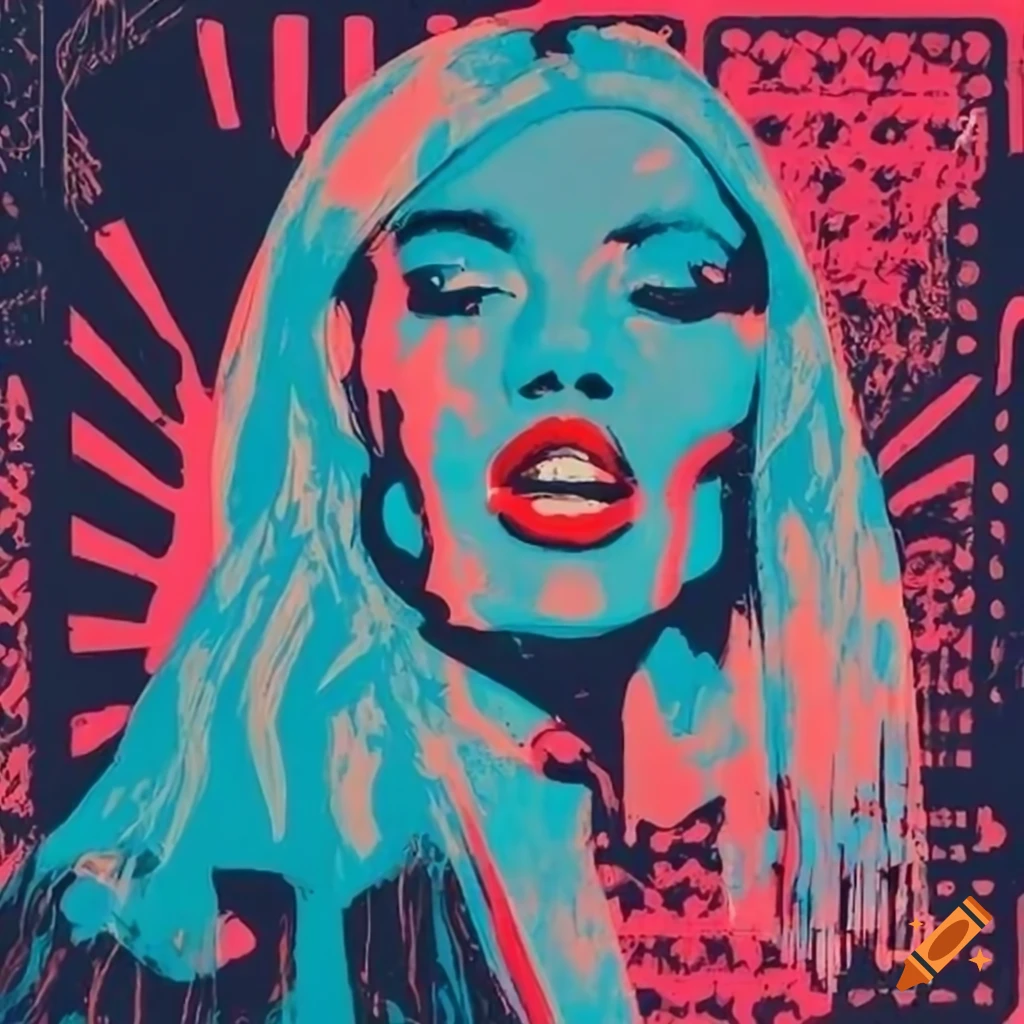 A portrait image of a vogue model in the style of Shepard Fairey and Andy Warhol, centered subject, spray paint, markers and dripping paint, rubber stamps, with mismatching black and bright random neon color outlines