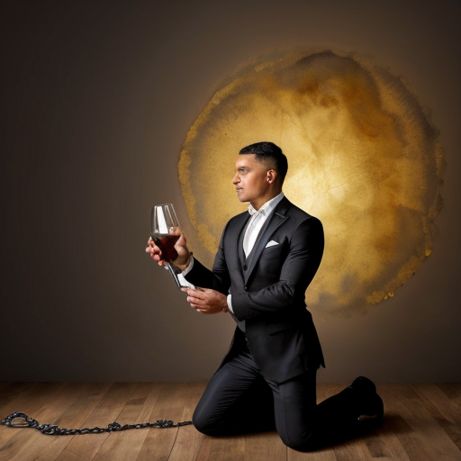 painting. Focus on goddess Desirea, her body covered only by transparent silk veils and thin silver chains. She is leaning forward, offering a glowing ornate chalice. In the foreground, a mature businessman in a sharp dark suit is kneeling, his arms outstretched in desperate supplication to receive the potion. Dramatic contrast between ancient divinity and modern man, ethereal lighting, soft glowing crescent moon, masterpiece, 8k."