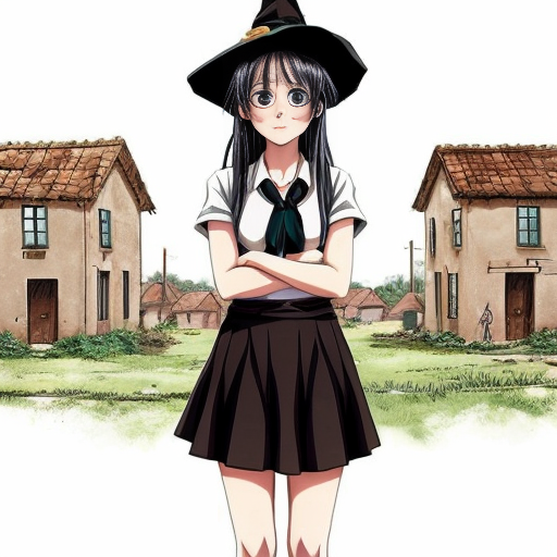 An anime witch girl with black hair, cute face, black eye. She have been abused until she only have broken skirt left. She is naked. She is 16 year old and height is 1,5m. She is tried to cover her skirt. The background is village with a lot of peopla