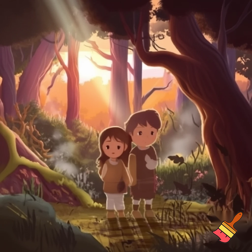 One girl one boy kids in a forest back to back in a sunset